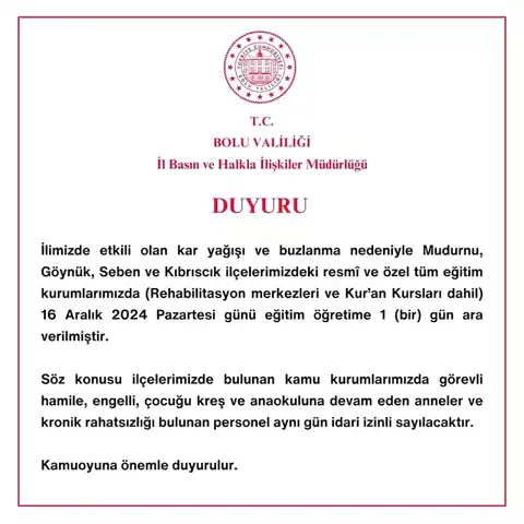 Bolu'da Kar Yağışı: 4 İlçede Eğitim Yarın Tatil!