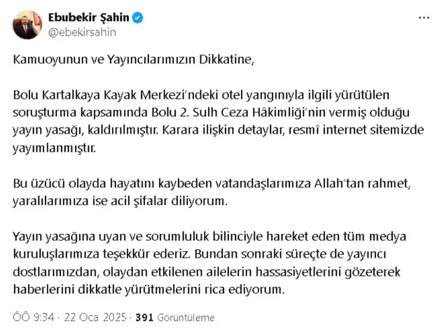 Bolu Kartalkaya Otel Yangını: Yayın Yasağı Kaldırıldı